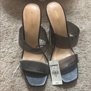 Express Black and Gray Heeled Sandals